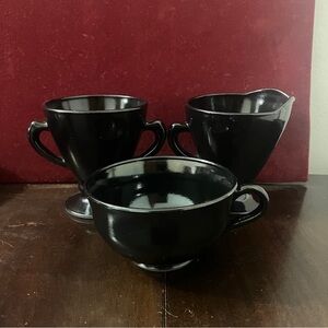 Set of 3 Vintage Hazel-Atlas Black Coated Milk Glass Creamer, Open Sugar, & Cup